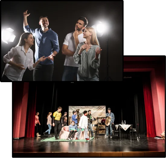 A dramatic pose with four people under bright lights, as well as various people on stage with all but one facing right