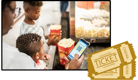 A few people getting popcorn and some clipart style tickets