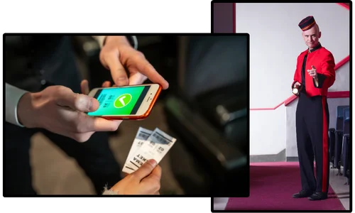A phone with tickets being scanned, plus an usher seemingly pointing at you using the website